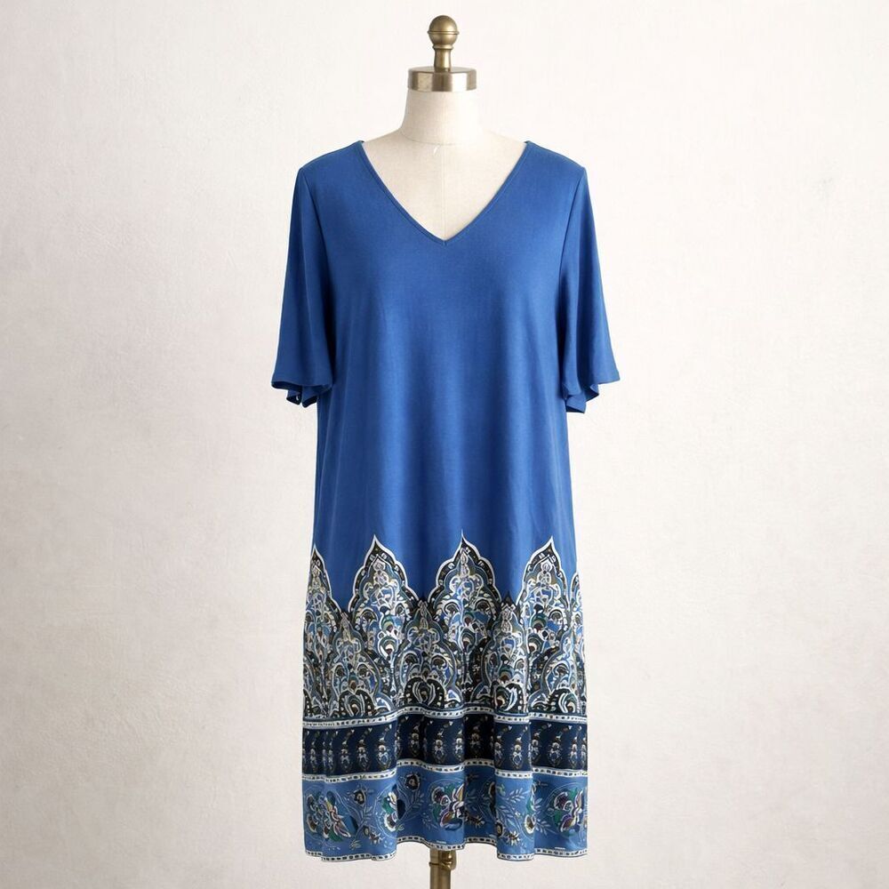 J.Jill Wearever Collection Dress Size Large V-Neck Blue Paisley Floral Print